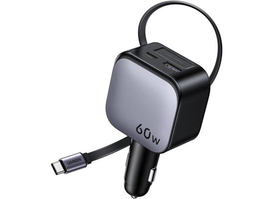 UGREEN 60W Car Charger with Retractable Cable, 3-Port Fast Charger with 30W PD USB-C, USB-A, Cigarette Lighter Adapter Compatible with iPhone 17 16 15, Galaxy S25 S24, iPad, GPS, 12V Car Accessories